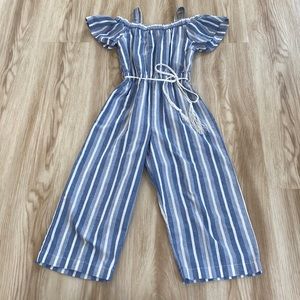 bebe girls 7-8 blue and white striped cold shoulder romper with braided belt